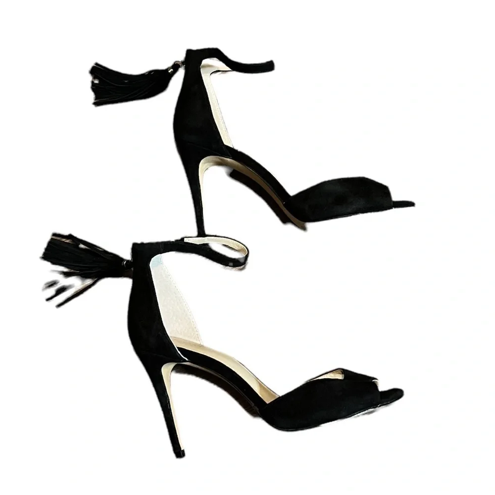 Women’s Botkier Peep Toe Heels Size 8 Black Suede Zip Back Tassels